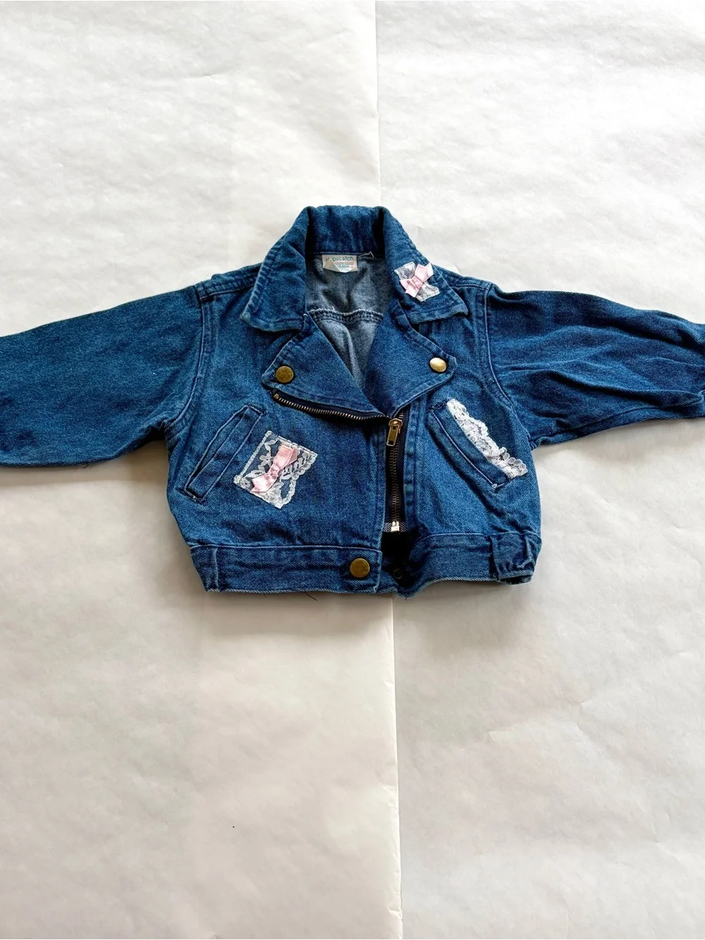 Vintage Girls Hopscotch Denim Jacket with Lace and Pink Ribbon 18 months